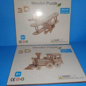 Wooden 3D Puzzles, Lot Of Two Items, Train 7 Plane Brand New Sealed
